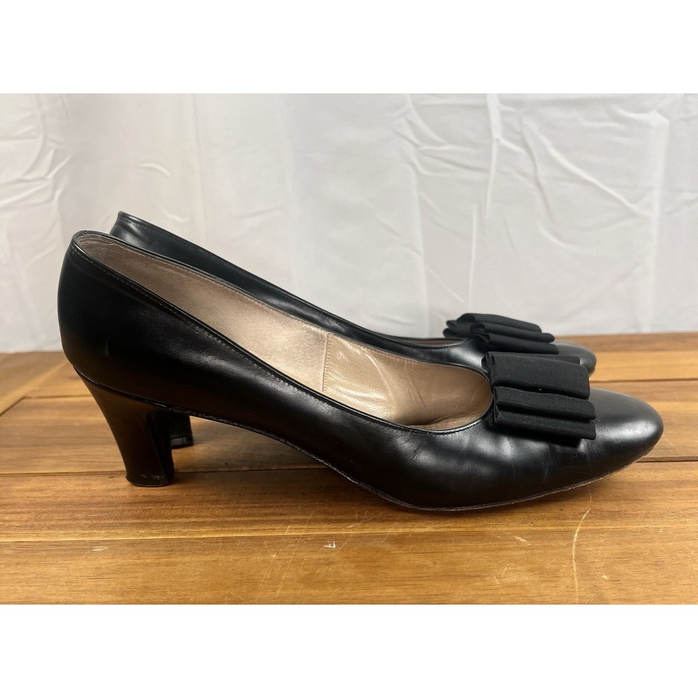 Manor Bourne Black Leather Bow Heels Women's 10 AAAA Extra Narrow Vintage Pumps - Picture 3 of 10